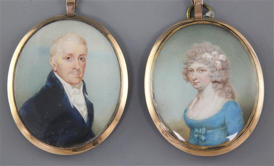 Sampson Towgood Roche (Irish 1759-1847) Miniatures of a lady and gentleman 2.75 x 2.25in., gold locket frames with hair backs